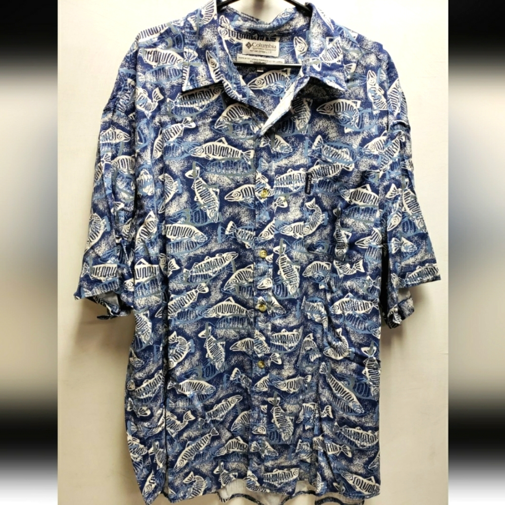 Columbia mens/unisex XXL oversized blue button up shirt allover fish print